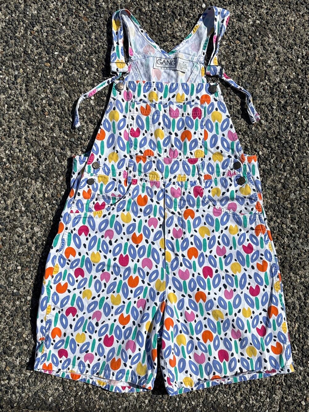Vtg GANG Tulip gardening bin overalls Medium floral abstract multicolor AOP